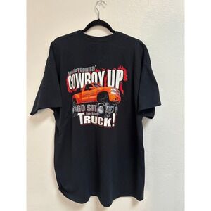 Cowboy Up Mens 2XL Black Monster Truck Graphic T-Shirt Fruit of the Loom Heavy